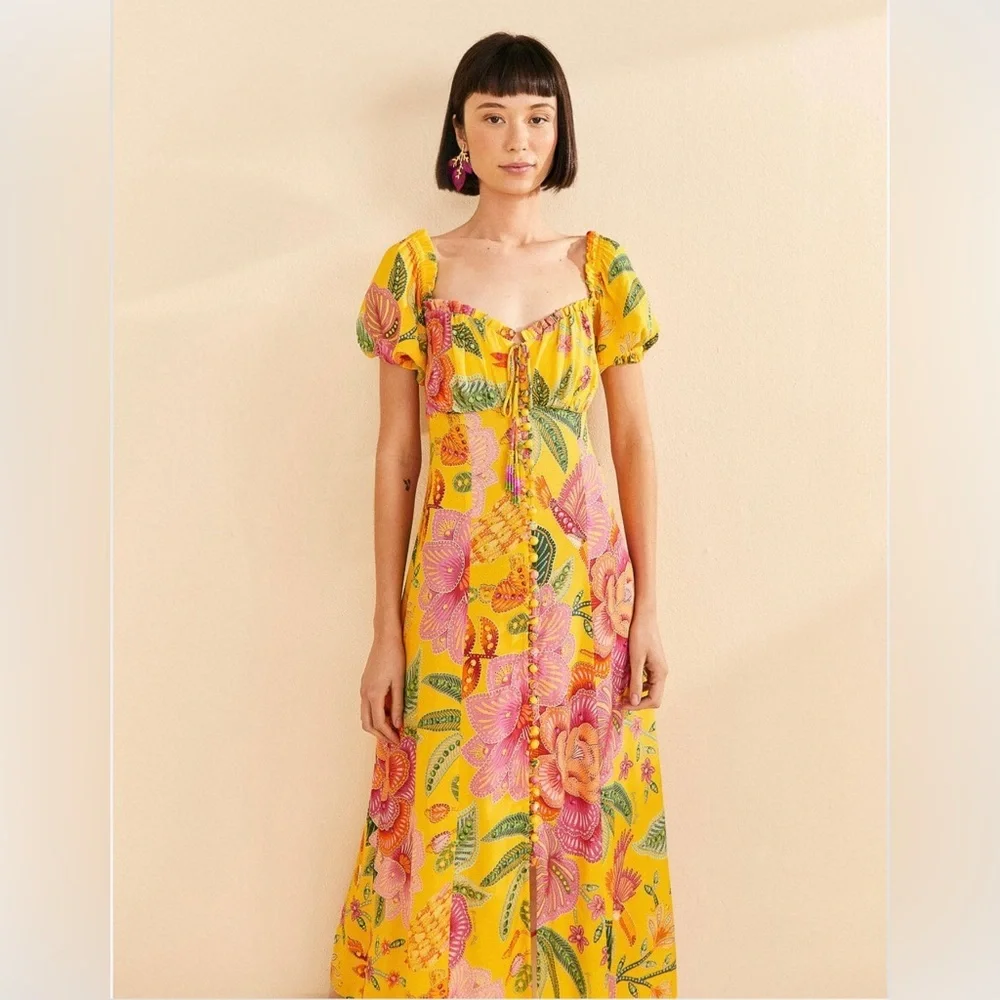 NWT FARM Rio Yellow Macaw Bloom Puff-Sleeve Midi Dress - Picture 2 of 10